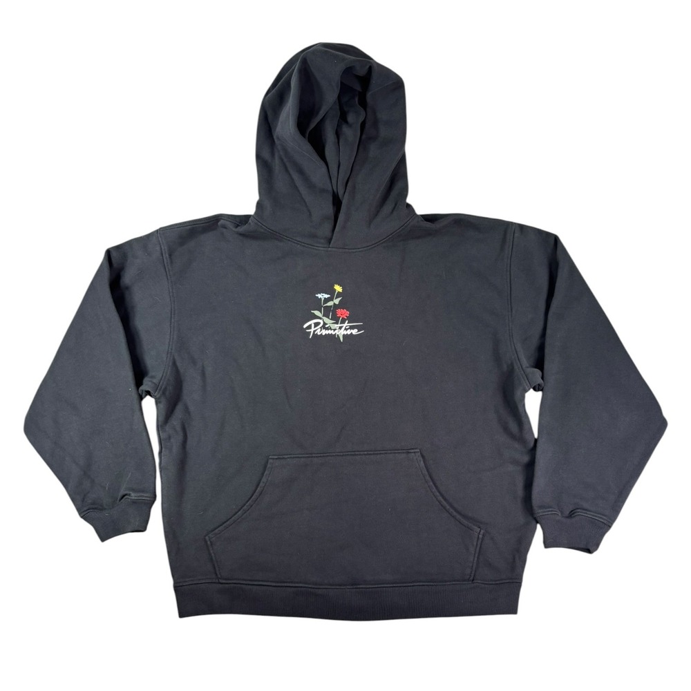 Primitive Skateboarding Mens Large Black Floral Script Logo Fleece Hoodie L